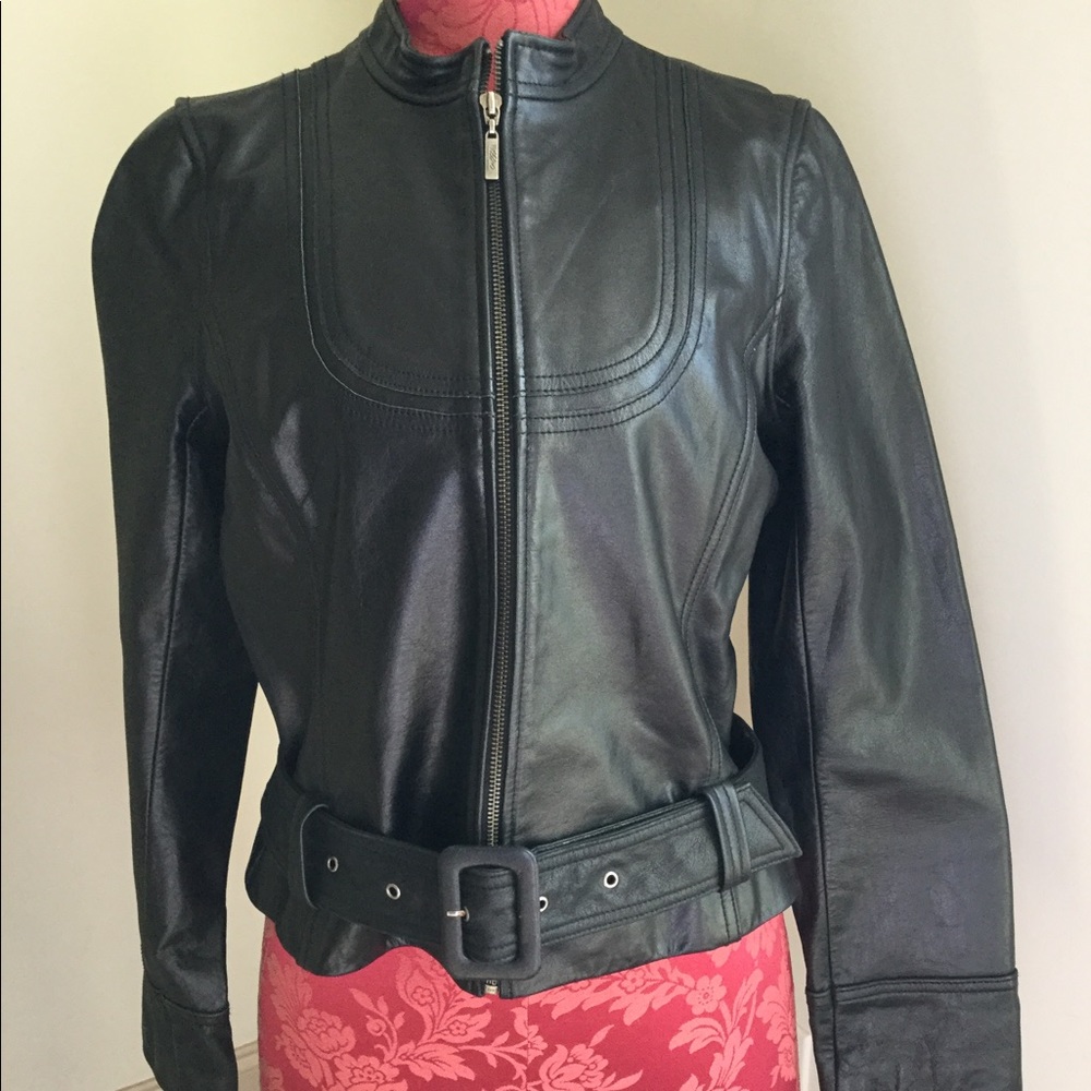Black leather biker jacket, never worn. Like new.
